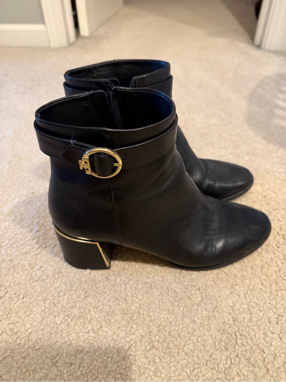 Tory Burch Women's Black Ankle Boots with Gold Buckle Detail